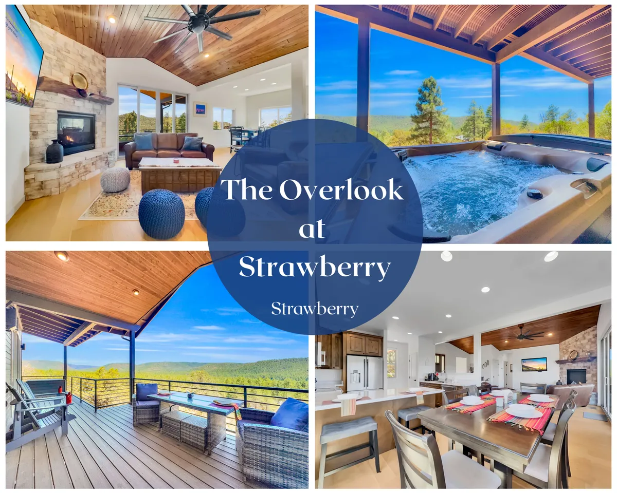 The image showcases a warm, inviting interior with a crackling stone fireplace, a bubbling hot tub positioned to gaze out over the forest, a cozy dining area perfect for group meals, and expansive windows framing breathtaking treetop and sunset views.